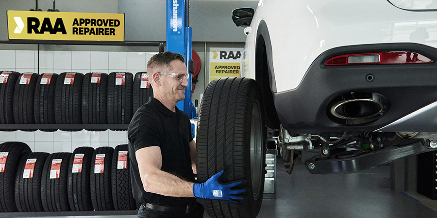 RAA tyres being installed RAA tyres being installed